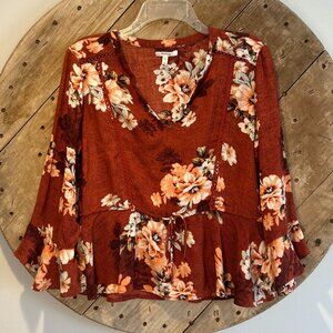 Maurices Rustic Orange/brown Floral Rayon Blouse waist draw string bell sleevesM
